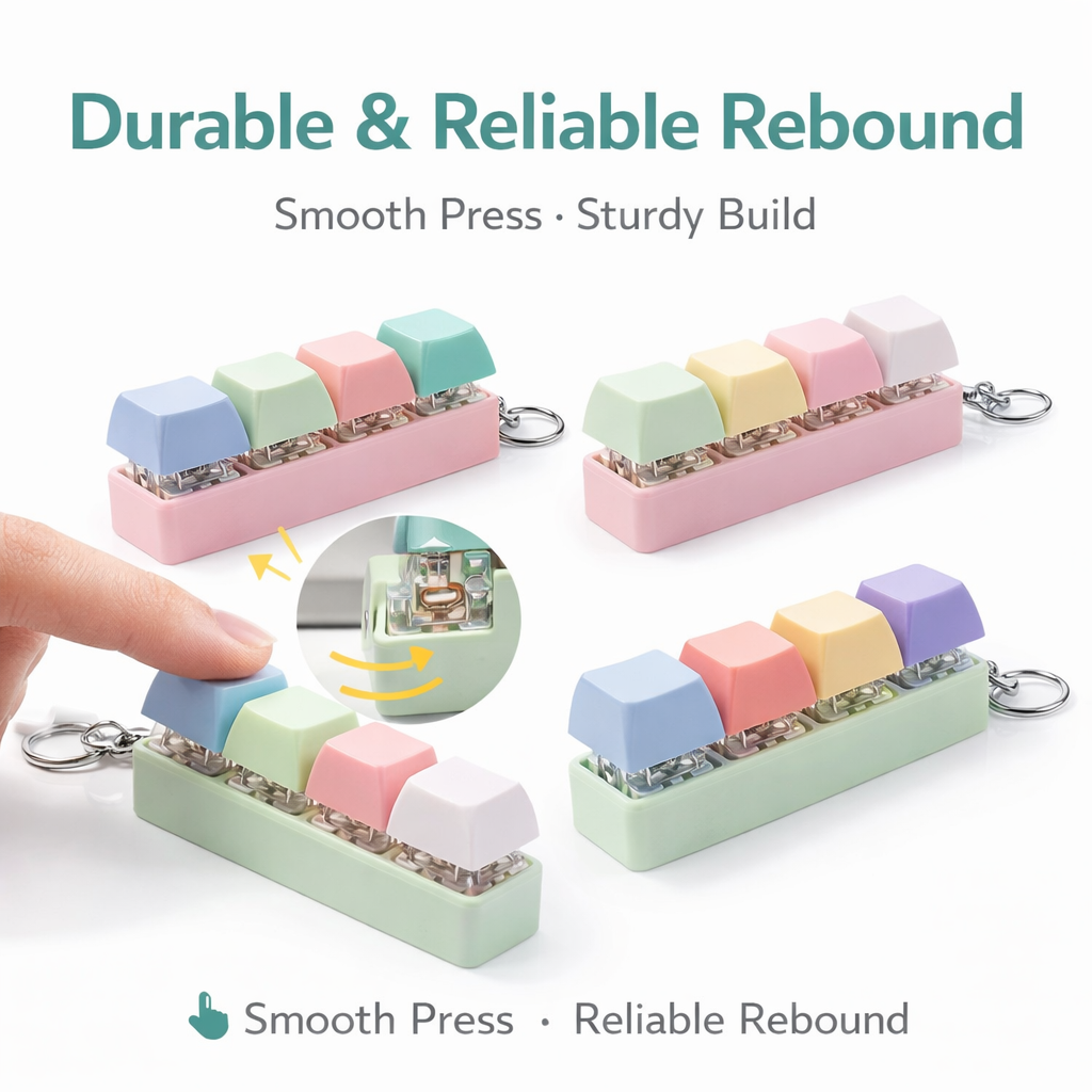 4 Pack Clicky Key Press Fidget Keychains, Mini 4-Key Keyboard Keycap Keychain Set, Assorted Colors, Clip-On Bag & Keys