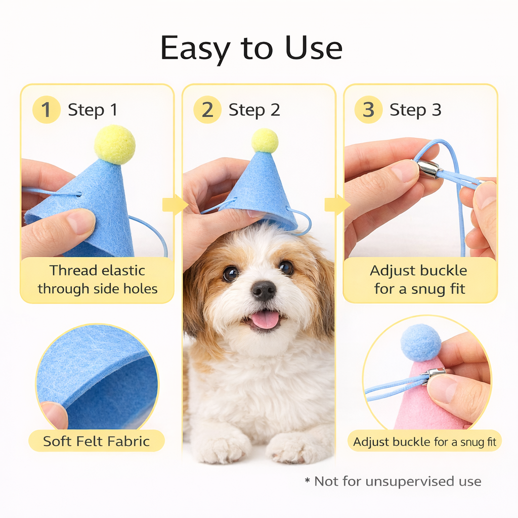 12PCS Mini Party Hats for Pets & Stuffed Animals, 6 Colors x2 Each, Felt Cone Birthday Hats with Adjustable Elastic Strap for Cats Small Dogs Rabbits Dolls