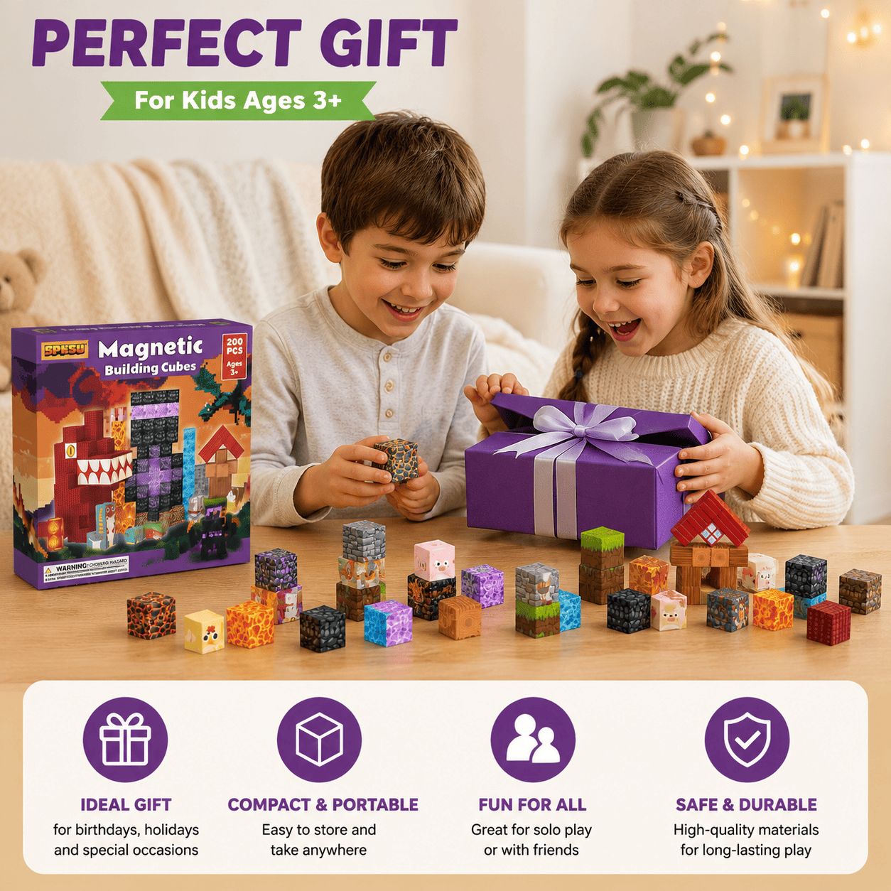 200-Piece Magnetic Blocks Set with Light-Up Accent Cubes, 22 Textured Designs, Fantasy STEM Building Toy, 0.8-Inch Mini Blocks, Ages 3+