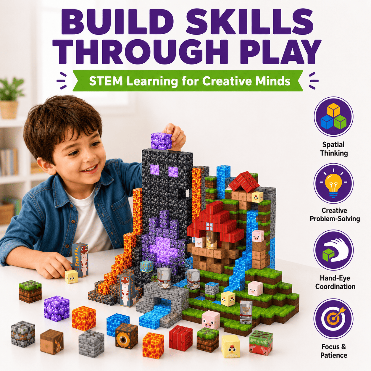 200-Piece Magnetic Blocks Set with Light-Up Accent Cubes, 22 Textured Designs, Fantasy STEM Building Toy, 0.8-Inch Mini Blocks, Ages 3+
