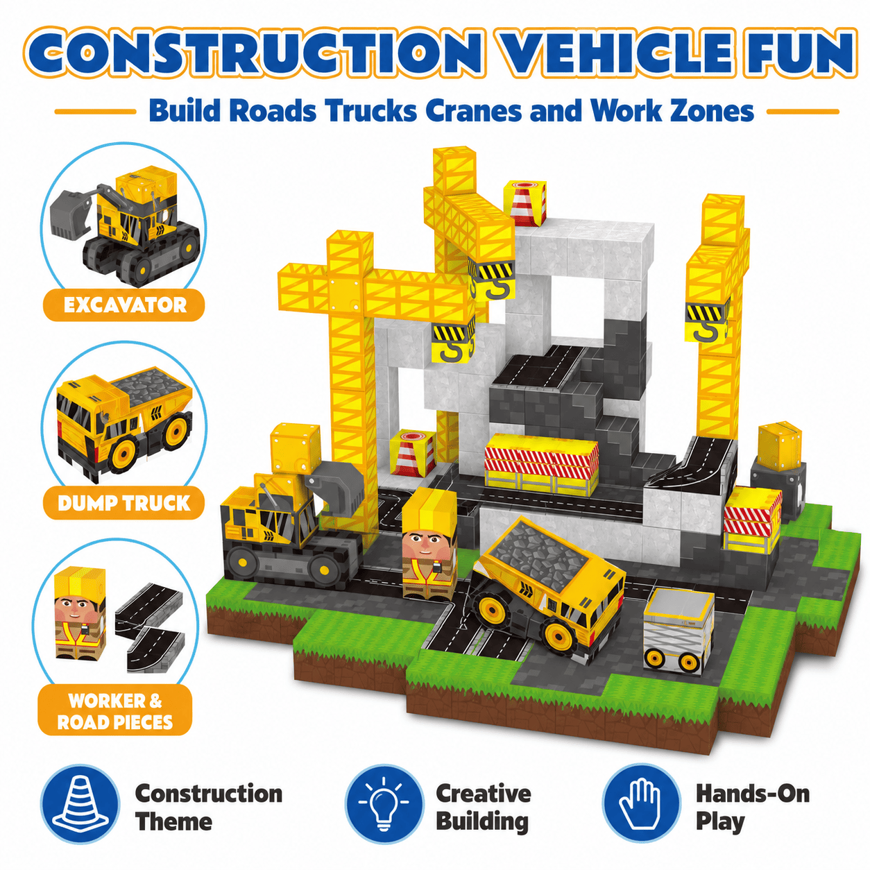 100 Piece Magnetic Building Blocks Set for Kids Construction Toy with Trucks and Roads STEM Building Cubes Birthday Gift for Boys Girls Ages 3+