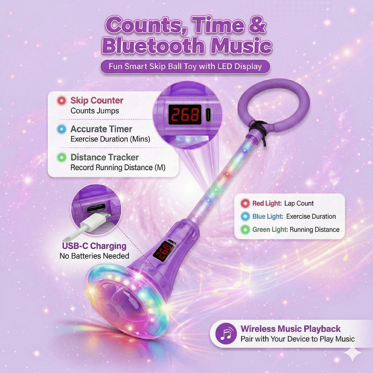 Kywib Smart Skip Ball with Bluetooth Music & LED Counter, Foldable Ankle Skip Toy for Kids, Birthday Gifts for Girls & Boys Age 5-12, Outdoor Active Game,Purple