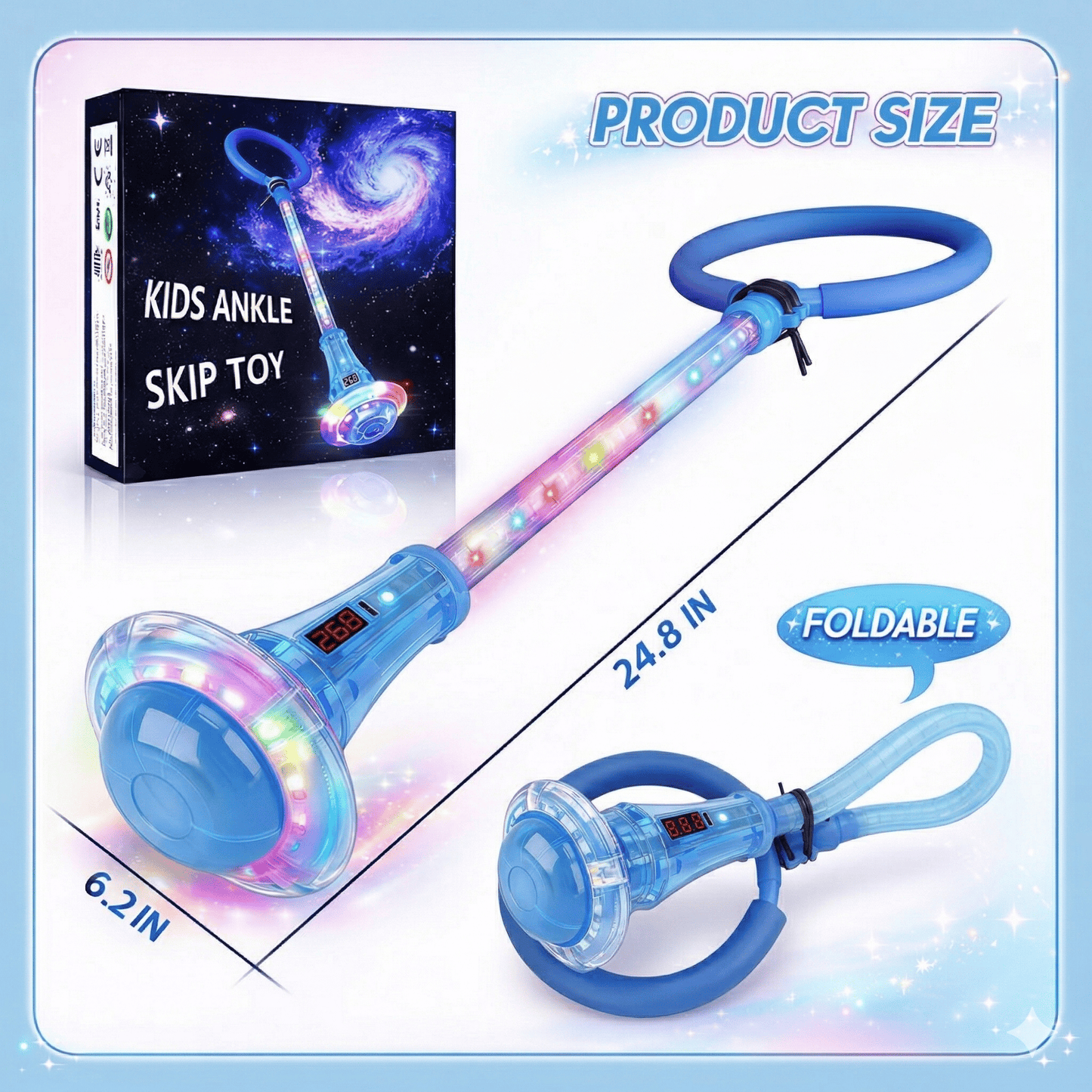 Kywib Smart Skip Ball with Bluetooth Music & LED Counter, Foldable Ankle Skip Toy for Kids, Birthday Gifts for Girls & Boys Age 5-12, Outdoor Active Game，Blue