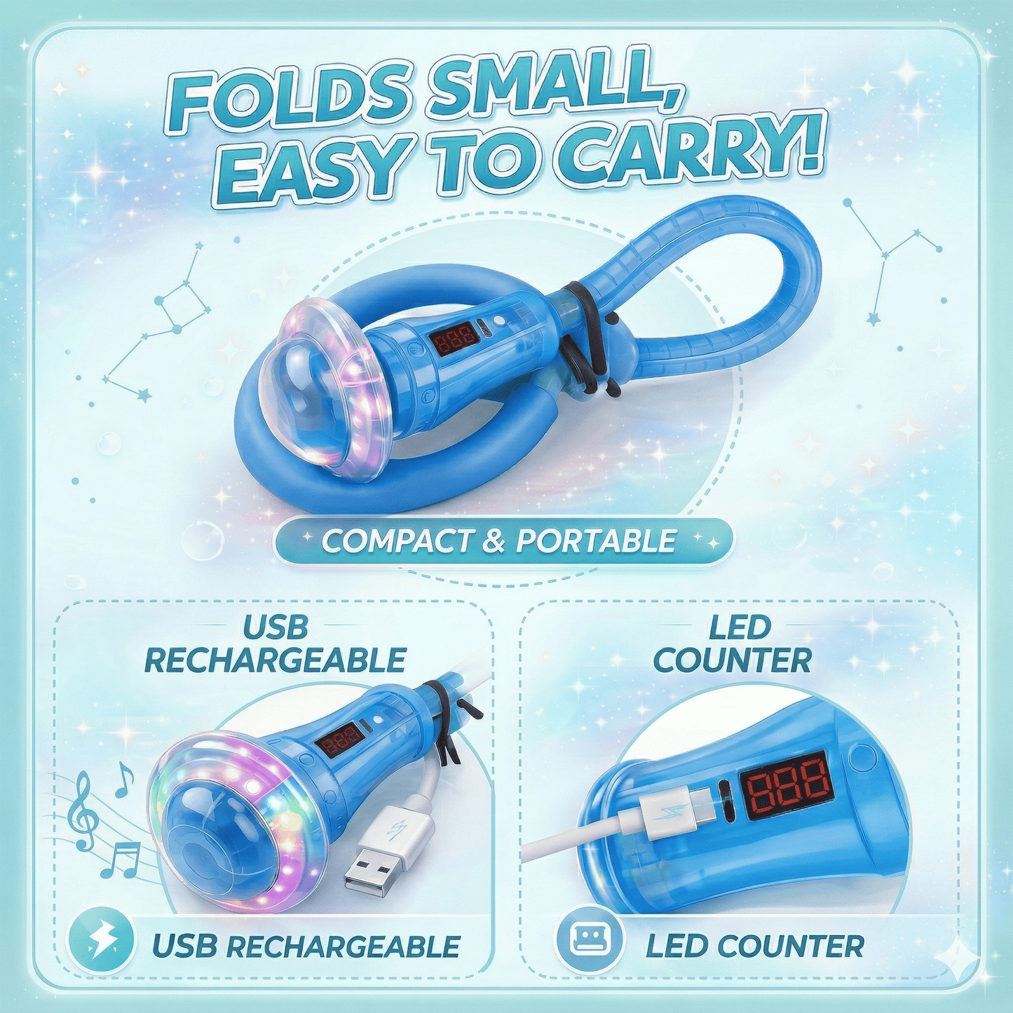 Kywib Smart Skip Ball with Bluetooth Music & LED Counter, Foldable Ankle Skip Toy for Kids, Birthday Gifts for Girls & Boys Age 5-12, Outdoor Active Game，Blue