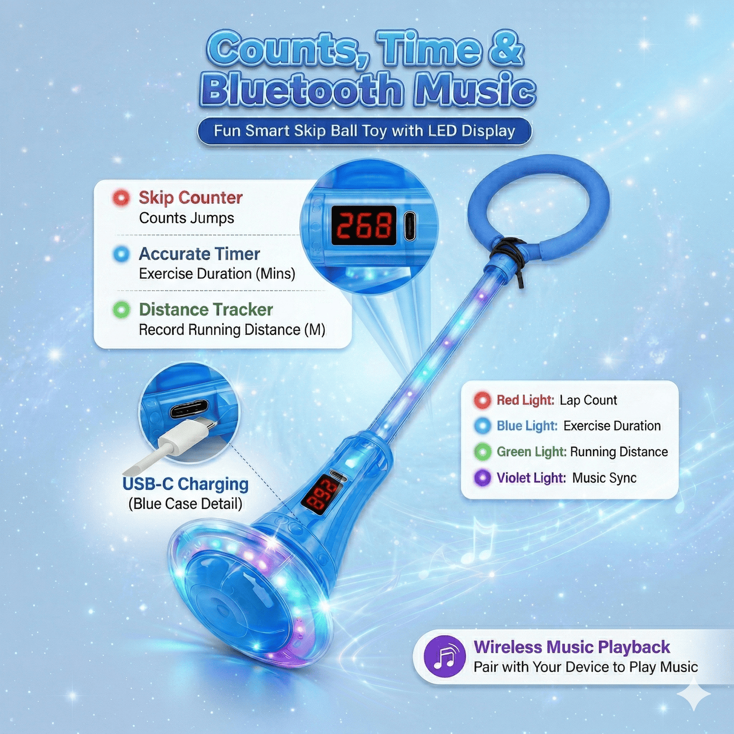 Kywib Smart Skip Ball with Bluetooth Music & LED Counter, Foldable Ankle Skip Toy for Kids, Birthday Gifts for Girls & Boys Age 5-12, Outdoor Active Game，Blue