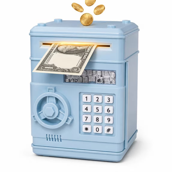 Kids Electronic Piggy Bank with Password Lock, Cash & Coins, Light Blue