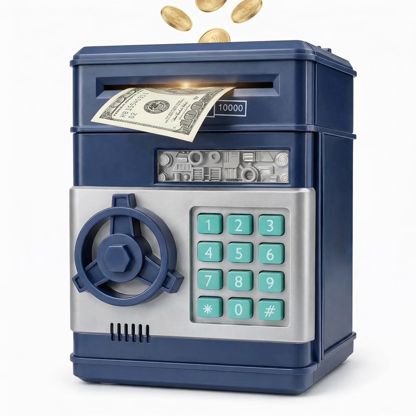 Kids Electronic Piggy Bank with Password Lock, Cash & Coins, Navy