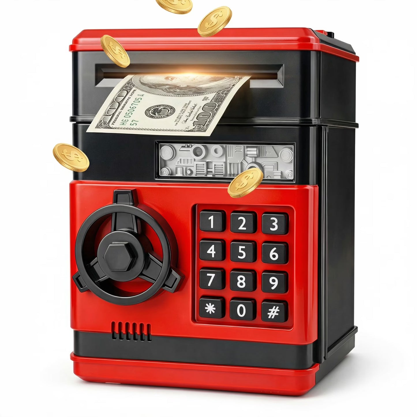 Kids Electronic Piggy Bank with Password Lock, Cash & Coins, Red Black