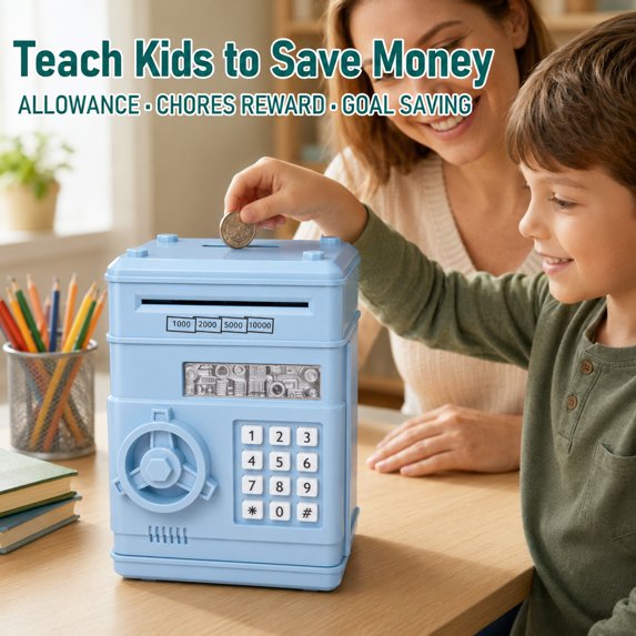 Kids Electronic Piggy Bank with Password Lock, Cash & Coins, Light Blue
