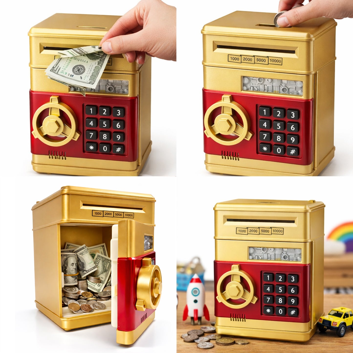 Kids Electronic Piggy Bank with Password Lock, Cash & Coins, Gold