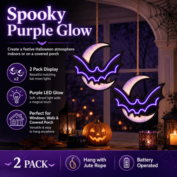 2 Pack Halloween Bat Moon Lights, Battery Operated Purple LED Hanging Decorations, Light Up Window Wall Decor for Indoor Covered Porch