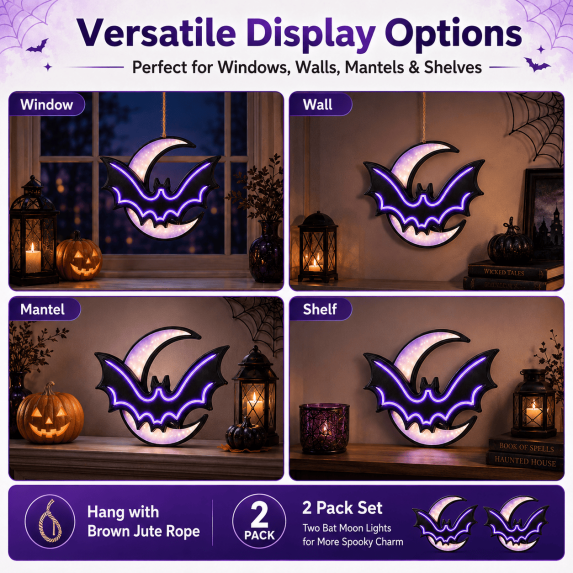 2 Pack Halloween Bat Moon Lights, Battery Operated Purple LED Hanging Decorations, Light Up Window Wall Decor for Indoor Covered Porch