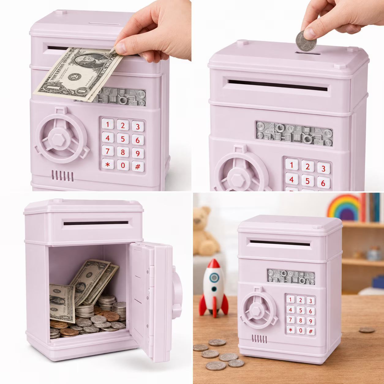 Kids Electronic Piggy Bank with Password Lock, Cash & Coins, Light Pink