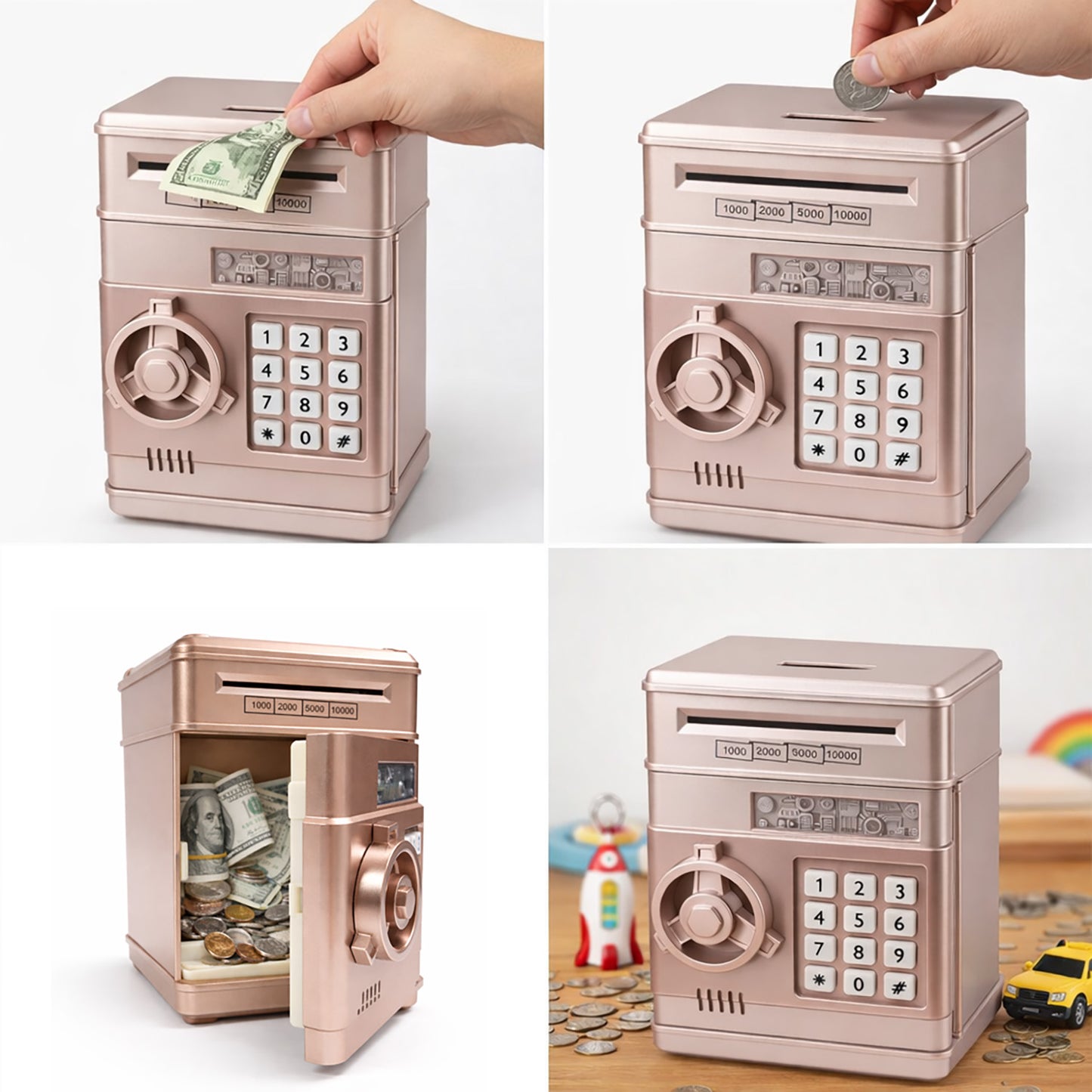 Kids Electronic Piggy Bank with Password Lock, Cash & Coins, Rose Gold