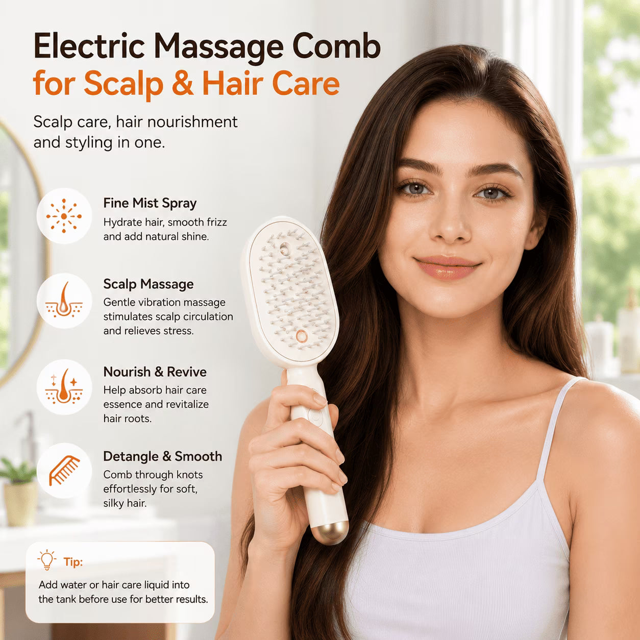 Electric Mist Spray Hair Brush, Self-Cleaning Air Cushion Massage Comb, Rechargeable Detangling Brush for Frizz Control, Wet & Dry Hair