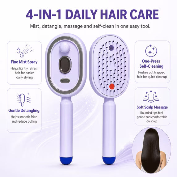 Electric Mist Spray Hair Brush, Self-Cleaning Air Cushion Massage Comb, Rechargeable Detangling Brush for Frizz Control, Wet & Dry Hair