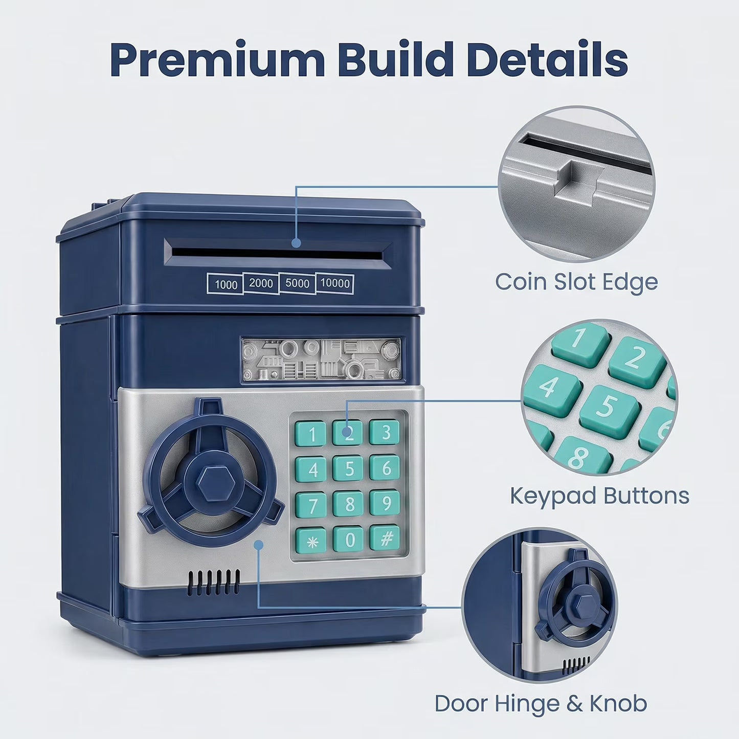 Kids Electronic Piggy Bank with Password Lock, Cash & Coins, Navy