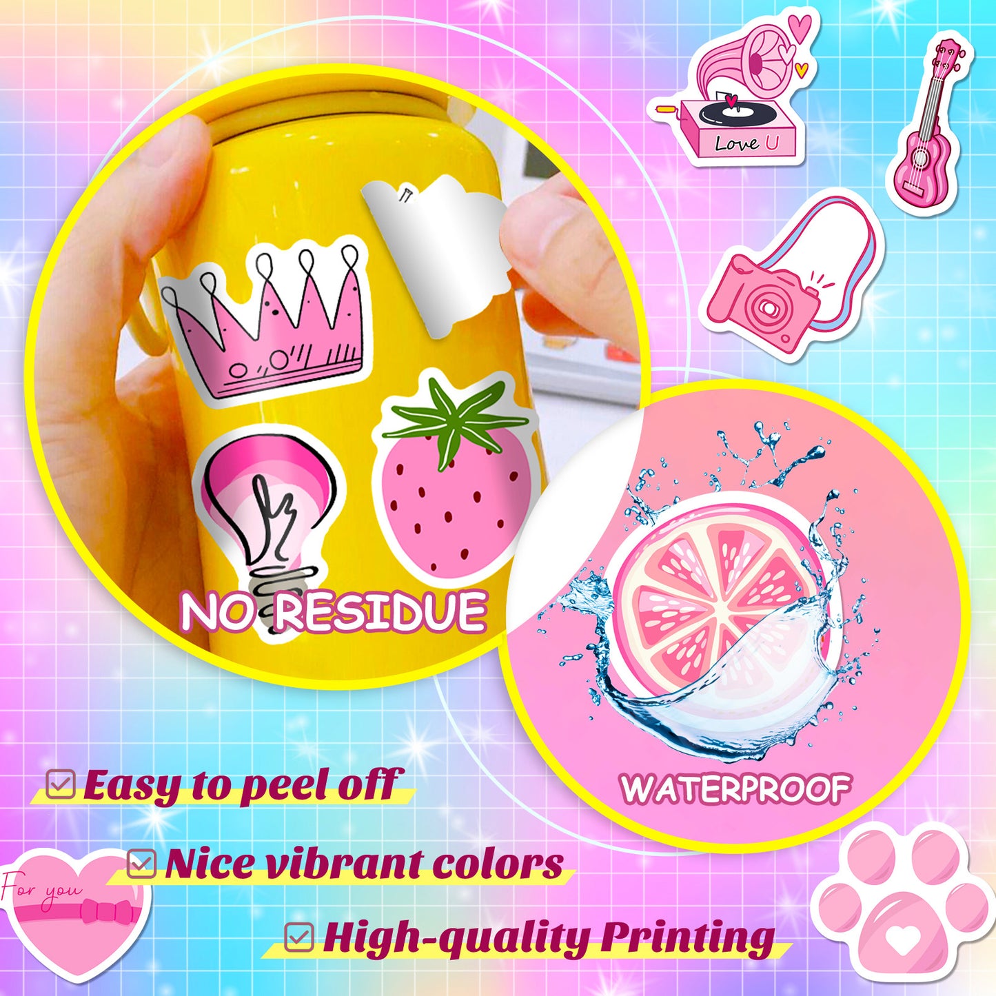 Kywib 300pcs Pink Aesthetic Vinyl Stickers, Waterproof Cute Sticker Pack for Laptop Water Bottle Luggage Skateboard, Scrapbook Journaling Party Decor