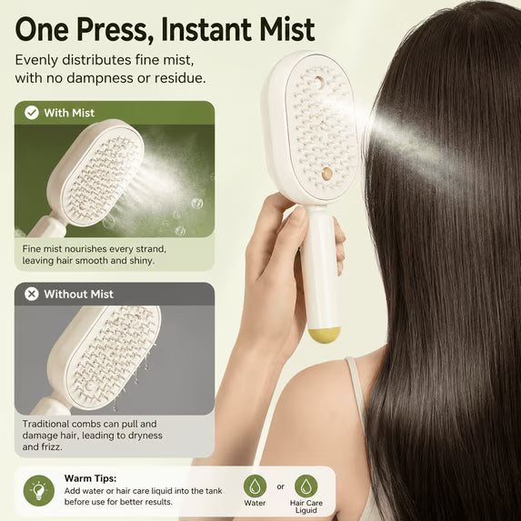 Electric Mist Spray Hair Brush, Self-Cleaning Air Cushion Massage Comb, Rechargeable Detangling Brush for Frizz Control, Wet & Dry Hair