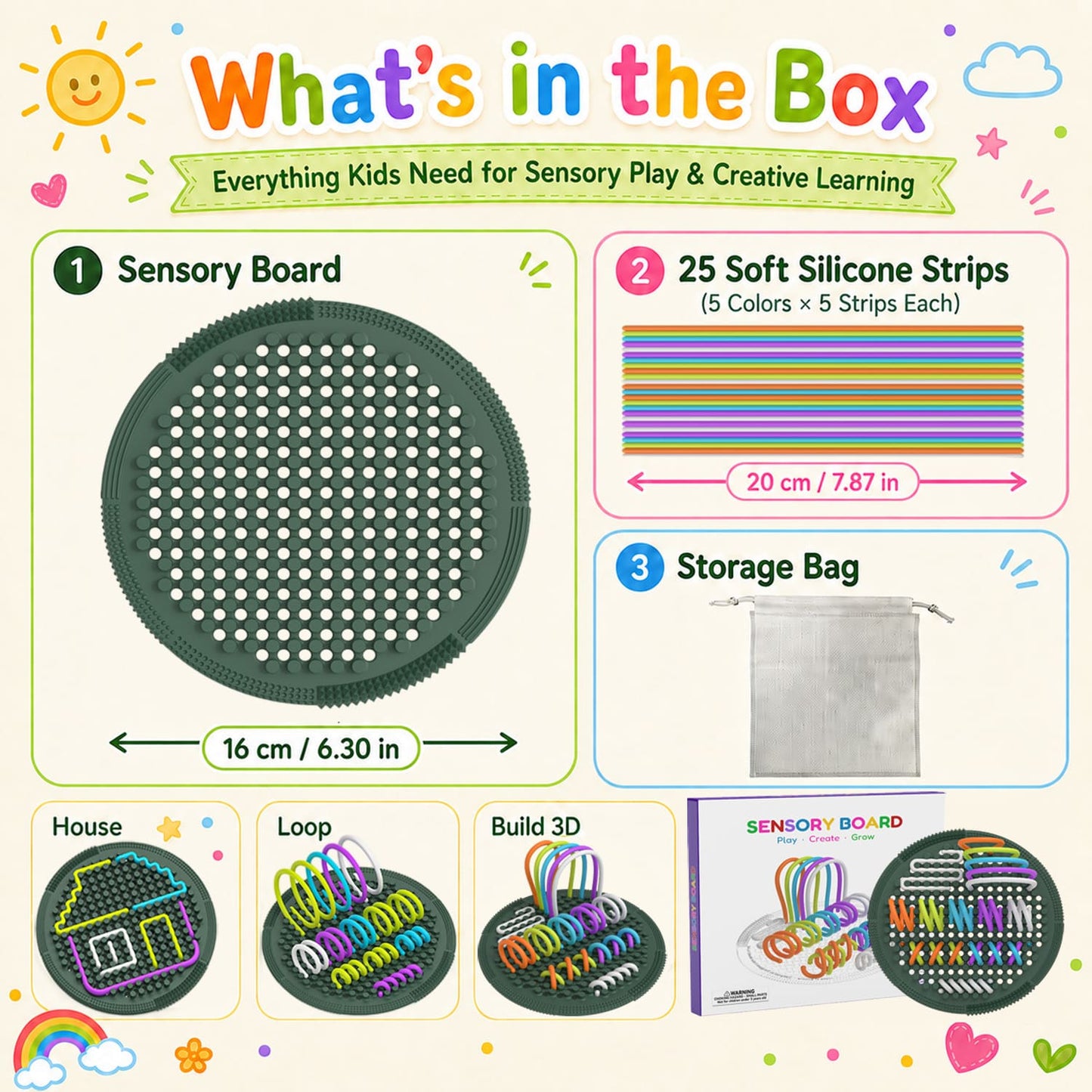 Sensory Board for Kids Ages 3+, Silicone String Activity Board with 25 Soft Strips, Quiet Travel Toy for Toddlers, Screen-Free Fine Motor Skills Toy with Storage Bag