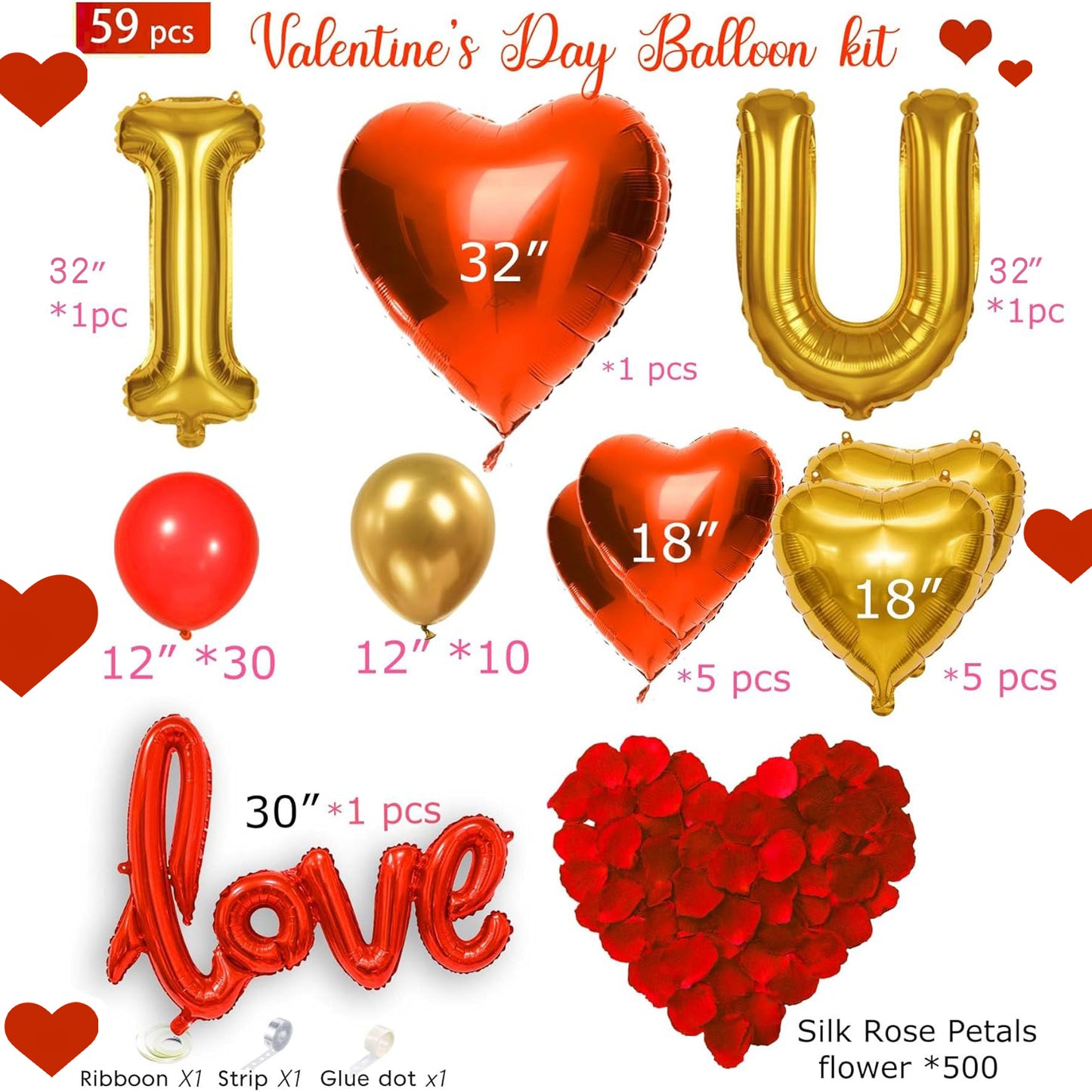 Love Balloon Decoration Kit, 59-Piece Romantic Room Decor Set with Heart Balloons and Rose Petals