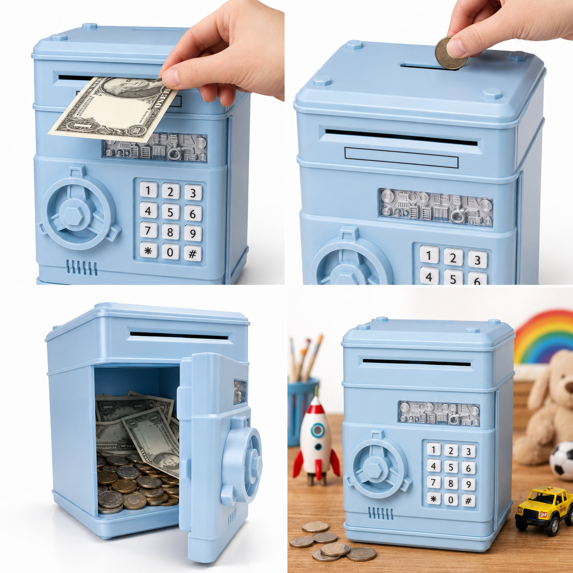 Kids Electronic Piggy Bank with Password Lock, Cash & Coins, Light Blue