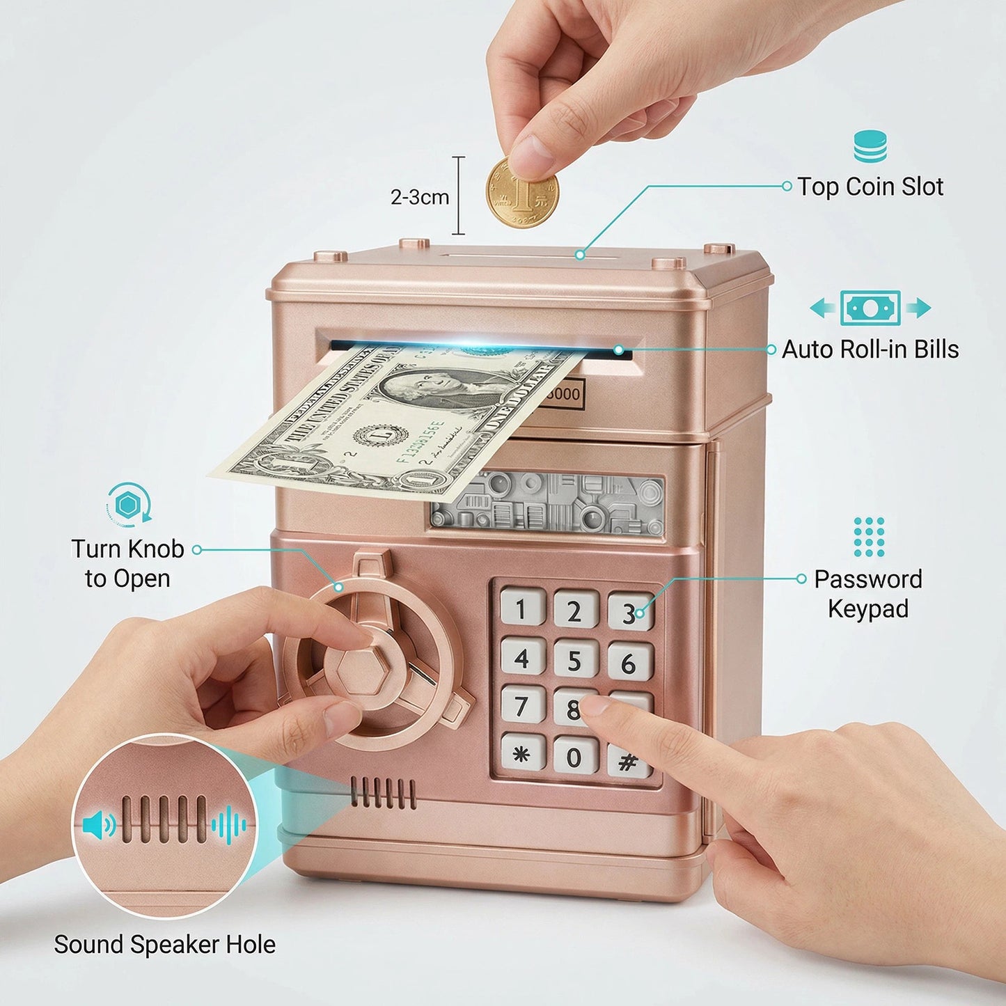 Kids Electronic Piggy Bank with Password Lock, Cash & Coins, Rose Gold