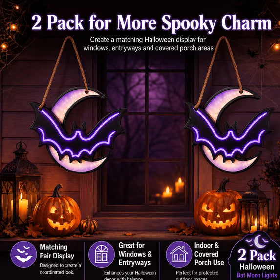2 Pack Halloween Bat Moon Lights, Battery Operated Purple LED Hanging Decorations, Light Up Window Wall Decor for Indoor Covered Porch