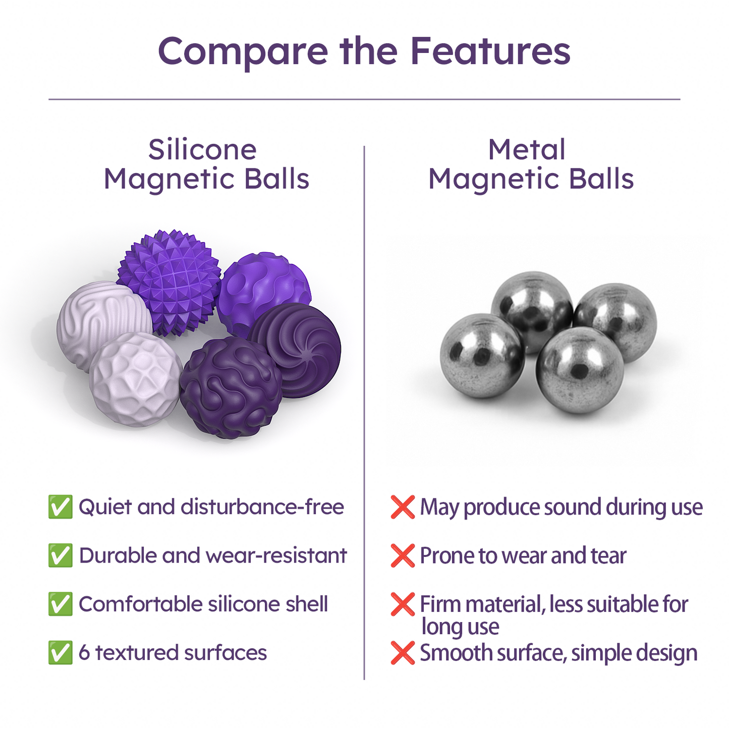 Magnetic Fidget Balls 12PCS (2 Sets), Quiet Silicone Sensory Desk Fidgets,, Includes Carry Case, Purple
