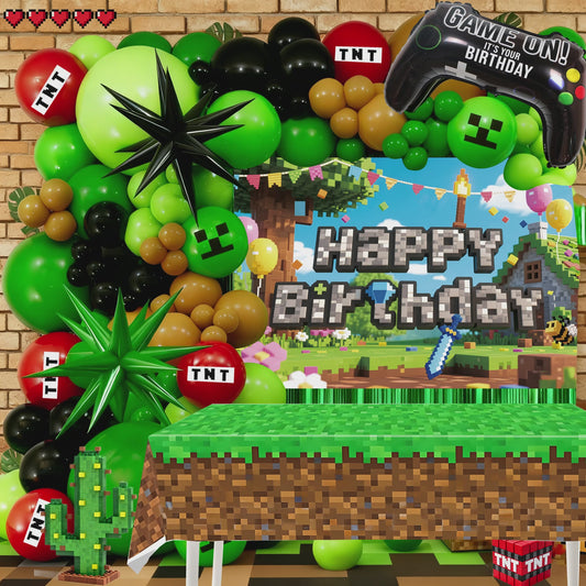 Pixel Game Birthday Party Decorations for Boys, All in One Gamer Party Decor Kit with Balloons, Backdrop and Table Cover