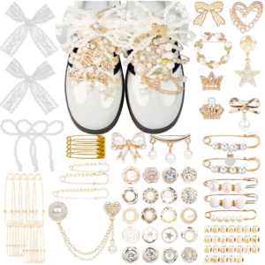 sneakers, diy shoe jewelry set with metal chains, rhinestone buttons and satin shoelaces for women girls, elegant sneaker decoration kit