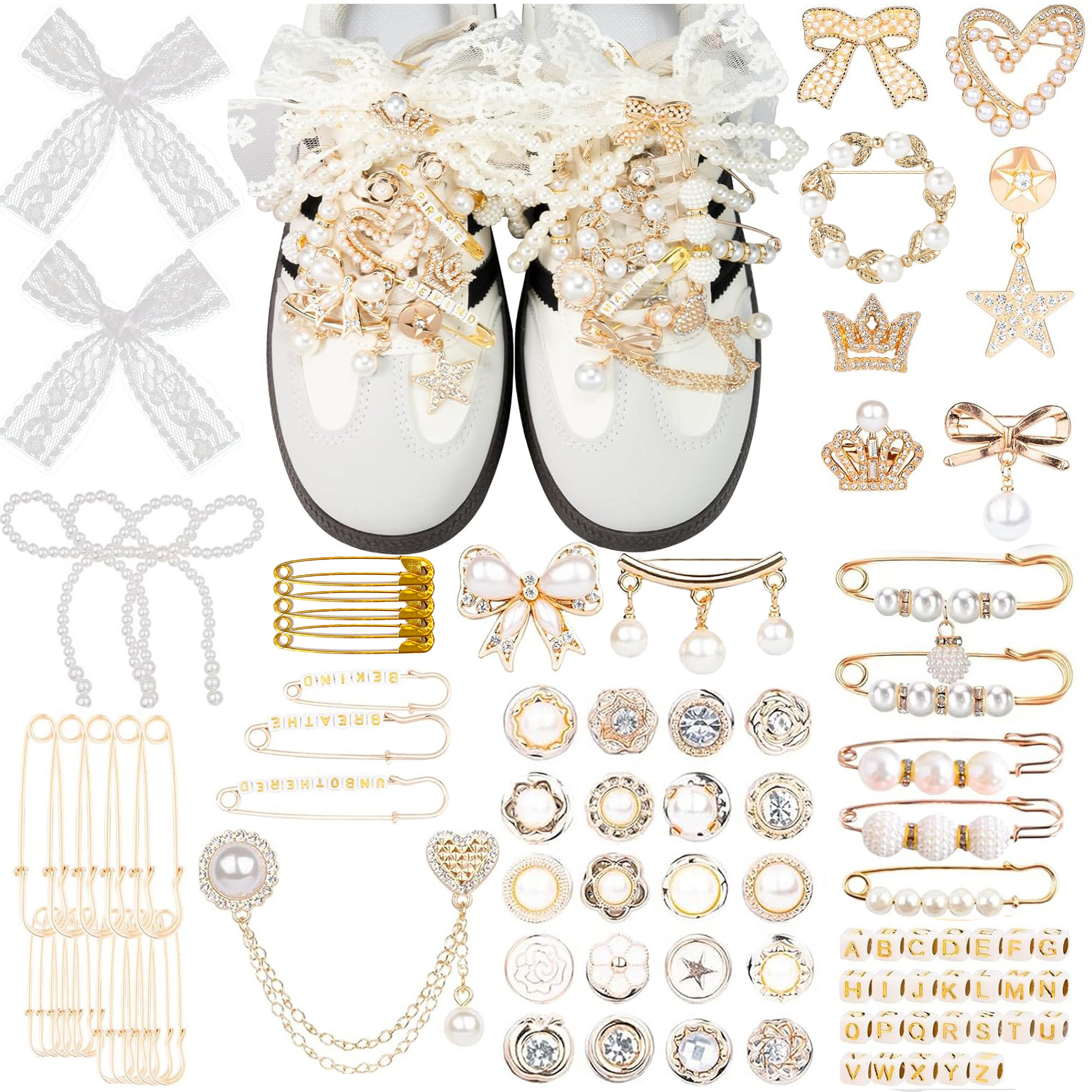 sneakers, diy shoe jewelry set with metal chains, rhinestone buttons and satin shoelaces for women girls, elegant sneaker decoration kit sneakers, diy shoe jewelry set with metal chains, rhinestone buttons and satin shoelaces for women girls, elegant sneaker decoration kit