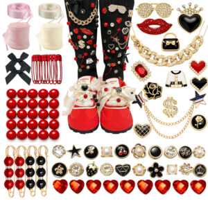 93pcs red and black shoe charms set, cool streetwear sneaker decoration with metal chains, cross pins and gothic style accessories for adults teens