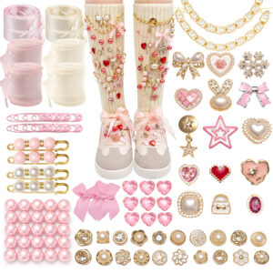 kywib 95 pcs coquette shoe charms kit for sneakers, pearl bow ribbon shoelace charms & diy shoe accessories for women