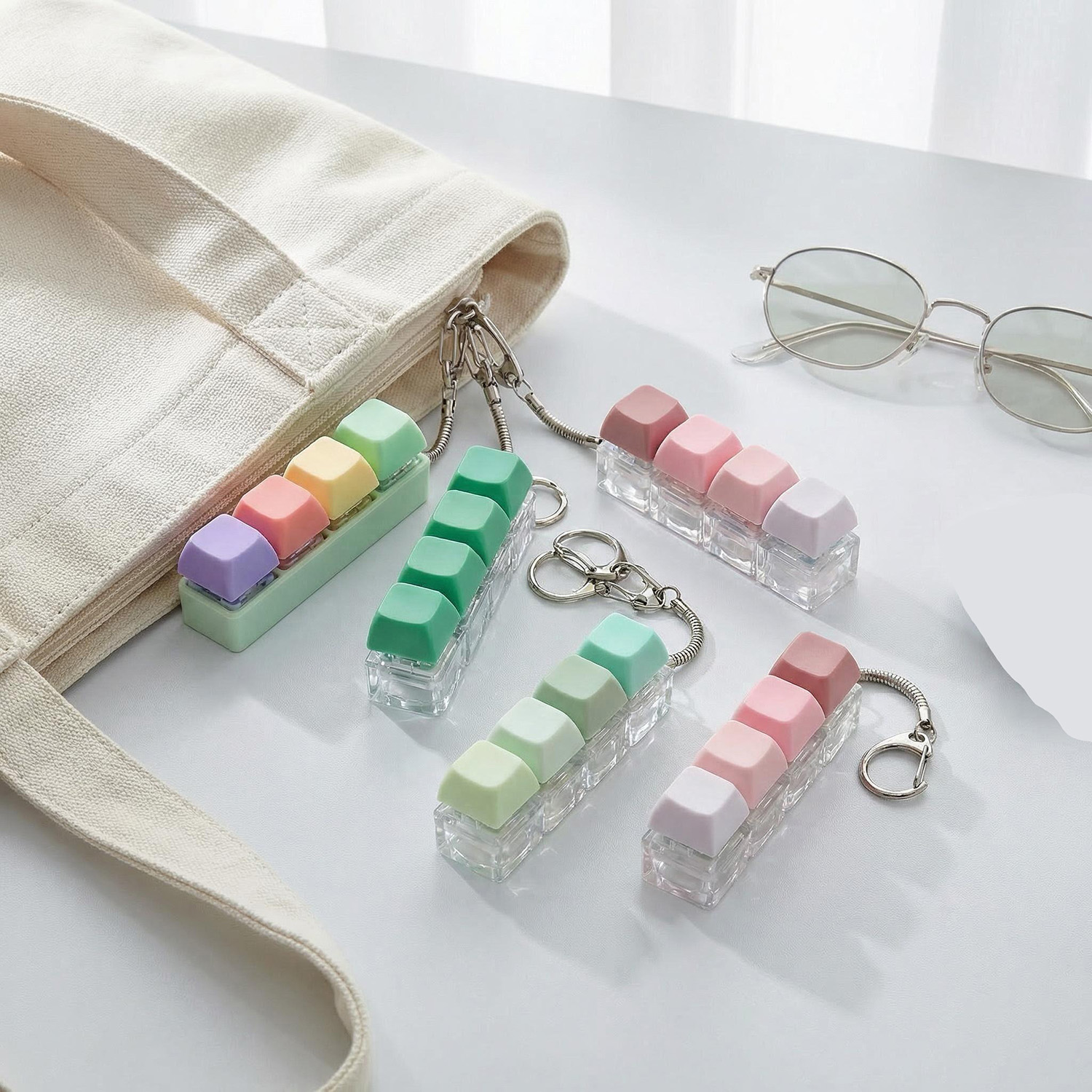 4 pack clicky key press fidget keychains, mini 4 key keyboard keycap keychain set, assorted colors, clip on bag & keys 4 pack clicky key press fidget keychains, mini 4 key keyboard keycap keychain set, assorted colors, clip on bag & keys
