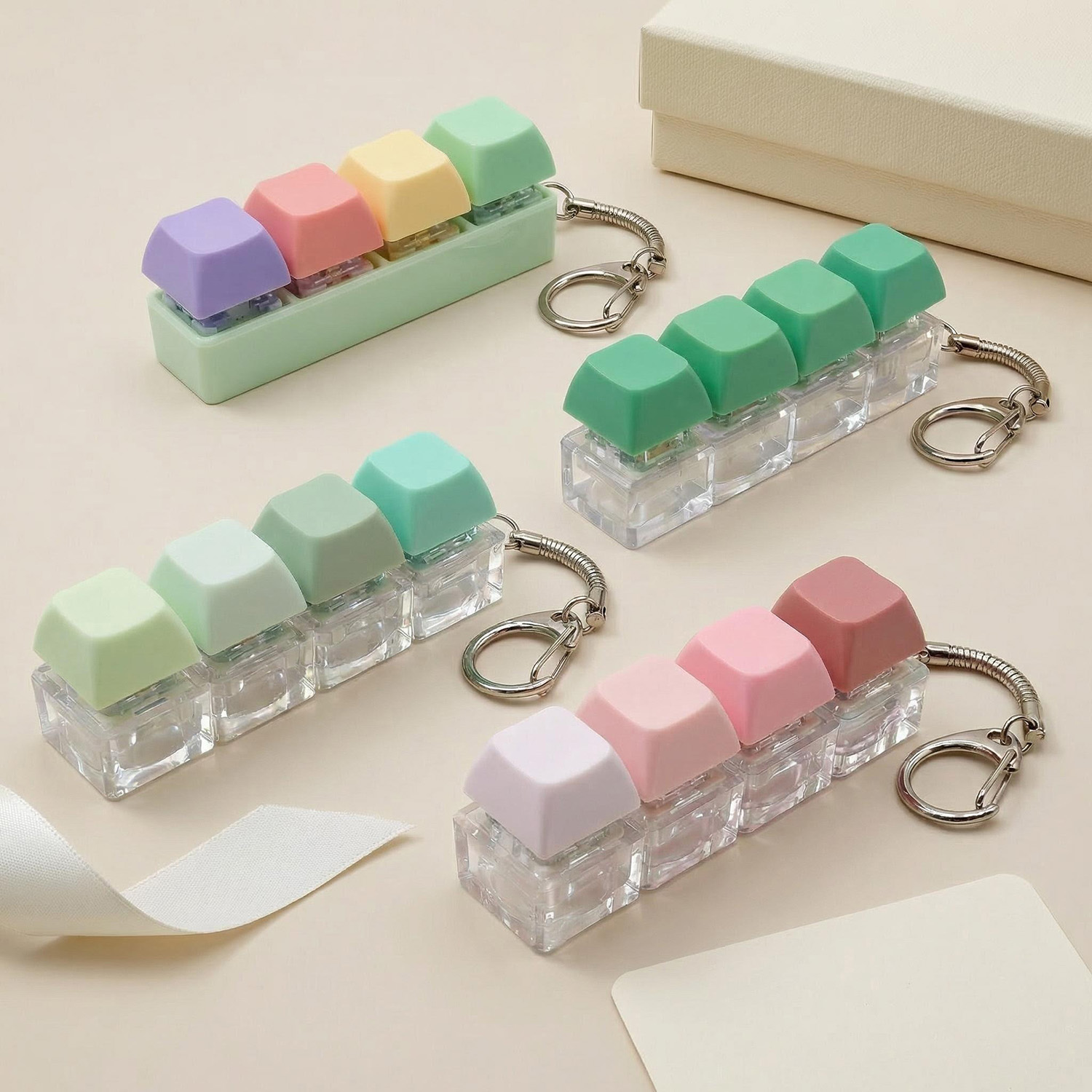 4 pack clicky key press fidget keychains, mini 4 key keyboard keycap keychain set, assorted colors, clip on bag & keys 4 pack clicky key press fidget keychains, mini 4 key keyboard keycap keychain set, assorted colors, clip on bag & keys