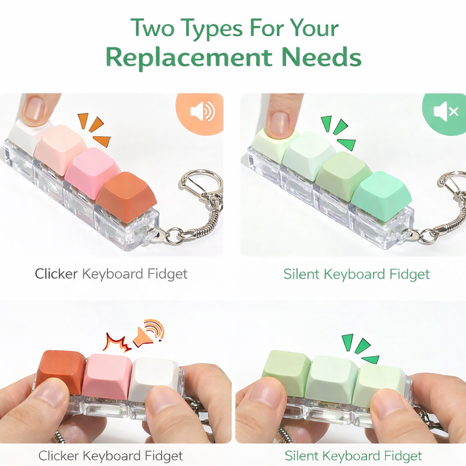 4 pack clicky key press fidget keychains, mini 4 key keyboard keycap keychain set, assorted colors, clip on bag & keys 4 pack clicky key press fidget keychains, mini 4 key keyboard keycap keychain set, assorted colors, clip on bag & keys